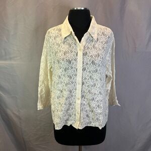 Ishyu Sheer Lace Shirt Top Womens XL Beige Floral Stretch Collared Button Up